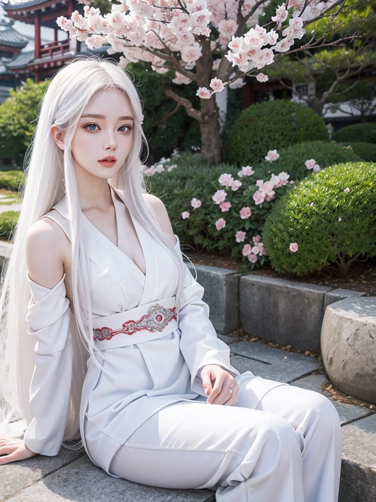 Long white hair, blue eyes, serious features, white skin, loose style, in a garden,in the Sakura Korea ,Korean Palace 
