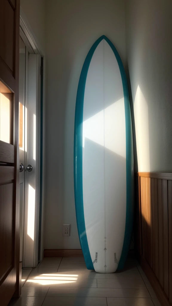 White surfboard on a bed in a dark environment photo as if taken by cell phone camera
