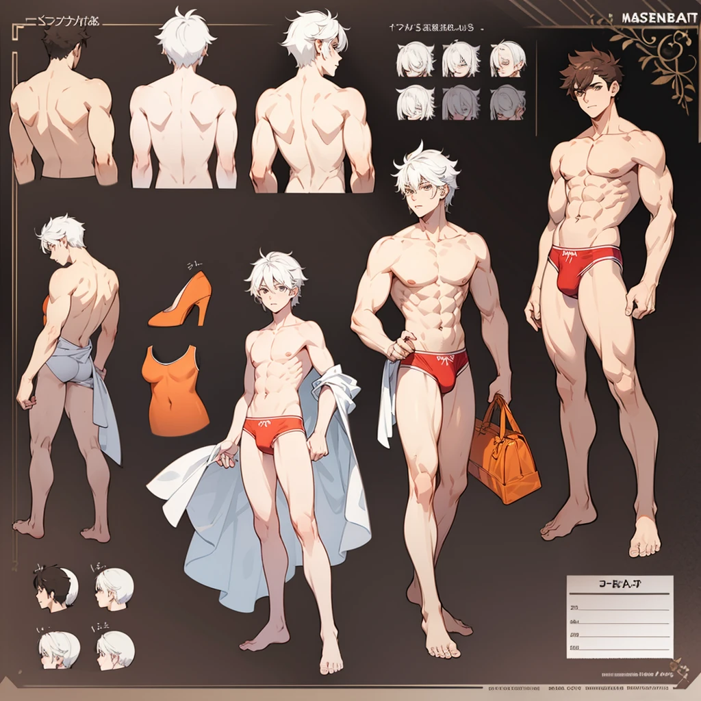 Masterpeice, best quality, correct annatomy, refrence sheet, male, underwear, athletic, multiple poses, front and back, muscular, adult, full body,
