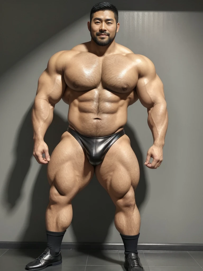There is only one handsome Asian actor in the photo，35 years old，Tall, Fit body，short hair, O-Shaped Beard，Perfect body, Dark Skin，Radiant Skin，Smooth skin，No body hair，Muscle bulge, muscular, Very large pectoral muscles，Very sexy abdominal muscles，Very well-developed leg muscles，Huge concave and convex area，Brightens oily skin，Wearing black leather shiny thong，Handsome face， Correct and accurate male body proportions, Wear black leather socks，Standing in front of gray background wall。