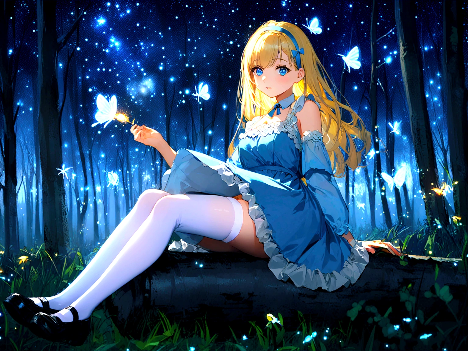 Big messy haired blonde anime woman with hairband, pale blue eyes, wearing short blue dress with no sleeves, cleavage, white stockings and little black shoes, sitting in the woods next to glowing mushroom surrounded by fireflies under the starry night sky