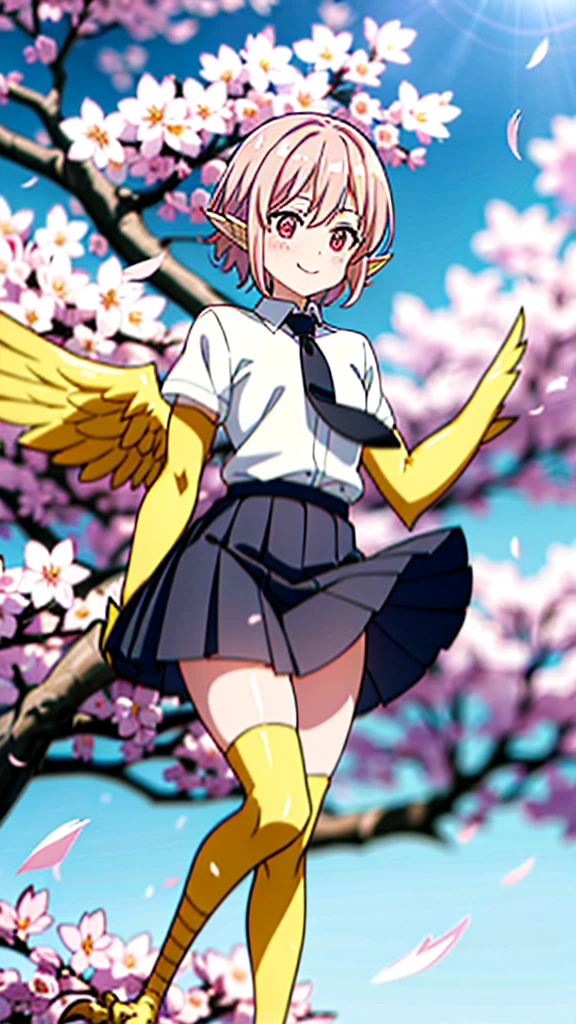 1girl,20s,happy,white shirt,black standard tie,short sleeves,white school skirt,short hair,blonde hair,pointy ears,((harpy,harpy wings)),cherry_blossoms, blurry, blurry_foreground, depth_of_field, blurry_background, petals, smile, solo, spring_\(season\), branch, looking_at_viewer, blush, falling_petals, pink_flower, motion_blur, wind, outdoors, flower  