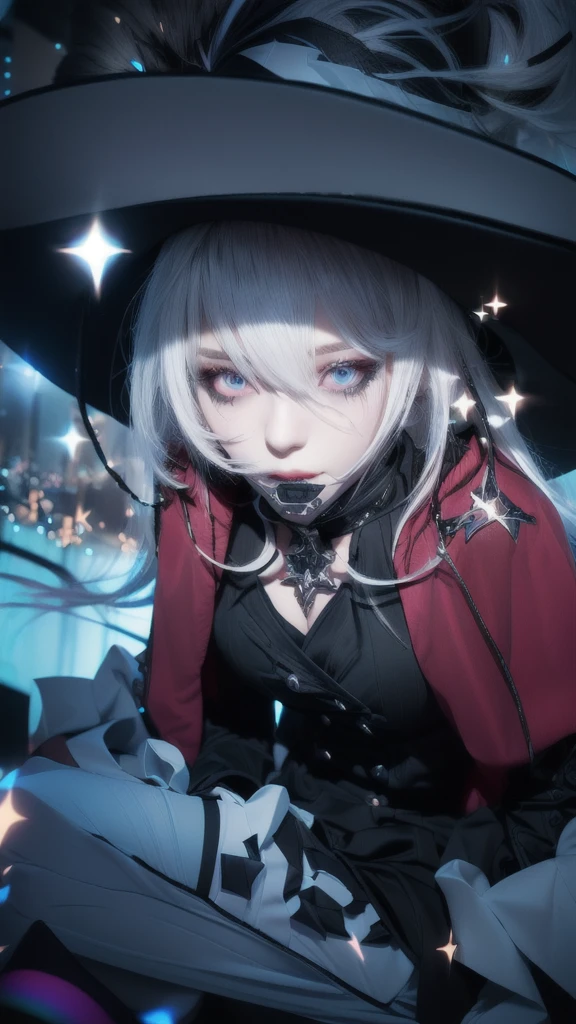 Cute girl, white hair, black witch hat, black uniform, purple eyes, blink, Ultra realistic, hyper realistic, detailed lighting, UHD, detailed face, edge lighting, Masterpiece, highest quality, high resolution, detail maniac, high definition, high quality, detailed face, detailed body limbs