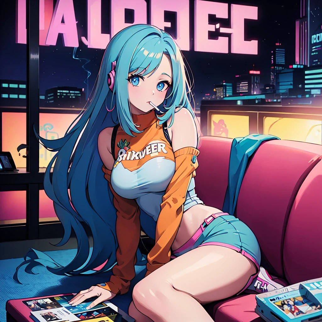 (masterpiece), Highest quality, Expressive eyes, Neon pastel aesthetics, Retro 90s, Neon color,((Girl sitting on sofa,Smoking a cigarette,Records hanging on her wall, Comic books on the floor, Looking out the window behind her at the night city, Upholstered room, Anime figures lined up on a shelf)), Wearing headphones, (All around her it sparkles), (wearing thick colorful sneakers), (blue eyes), (Soft look), (Synthwave Art Style), Colorful Hair, Desk with PC set up