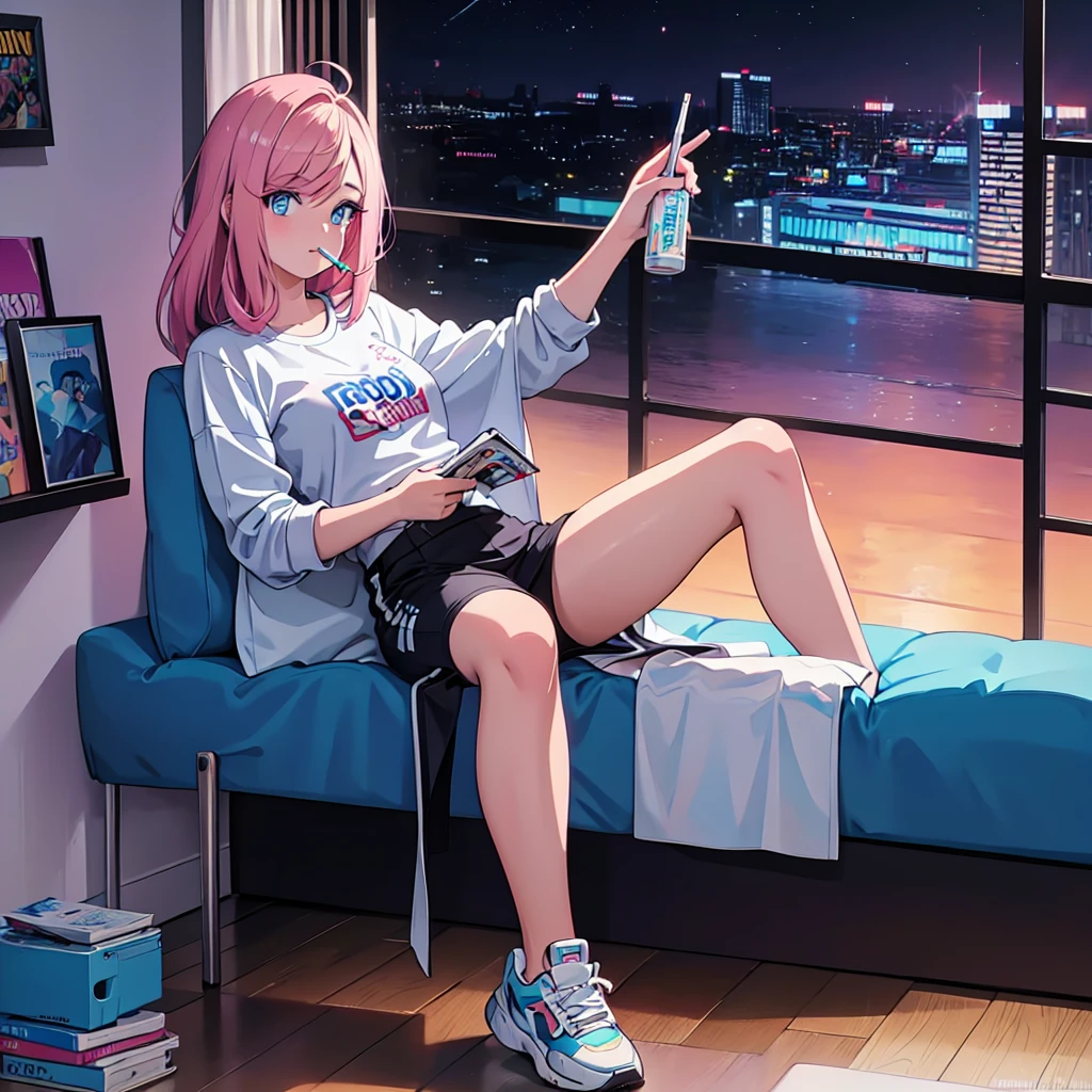 (masterpiece), Highest quality, Expressive eyes, Neon pastel aesthetics, Retro 90s, Neon color,((Girl sitting on sofa,Smoking a cigarette,Records hanging on her wall, Comic books on the floor, Looking out the window behind her at the night city, Upholstered room, Anime figures lined up on a shelf)), Wearing headphones, (All around her it sparkles), (wearing thick colorful sneakers), (blue eyes), (Soft look), (Synthwave Art Style), Colorful Hair, Desk with PC set up