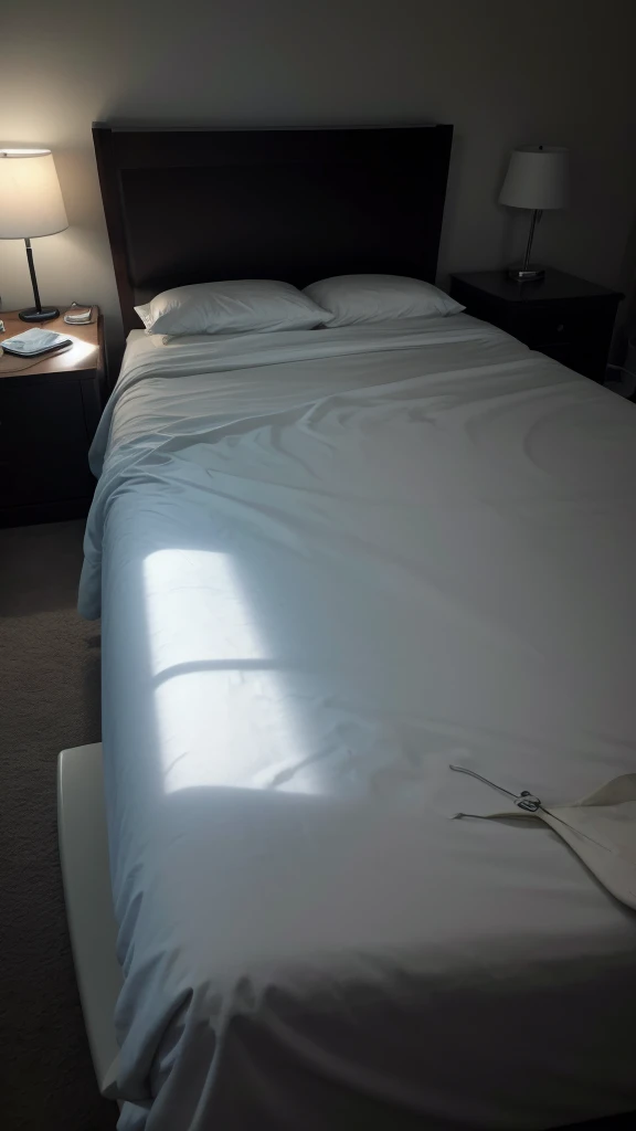 White surfboard on a bed in a dark environment photo as if taken by cell phone camera