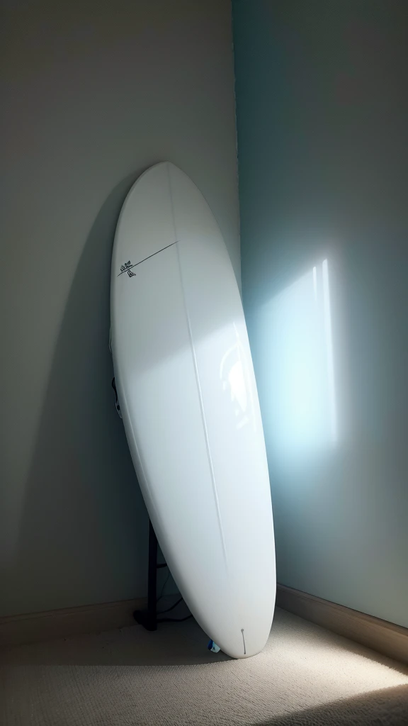 White surfboard on a bed in a dark environment photo as if taken by cell phone camera