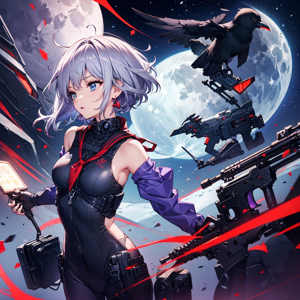 ((Gray Hair Short Hair blue eyes sniper rifle),((Crow night Red full moon)),(rooftop Drop shoulder Sailor suit cyber punk Shiny Earrings Purple light), Sweat A tense look Also々funny Face Headphones