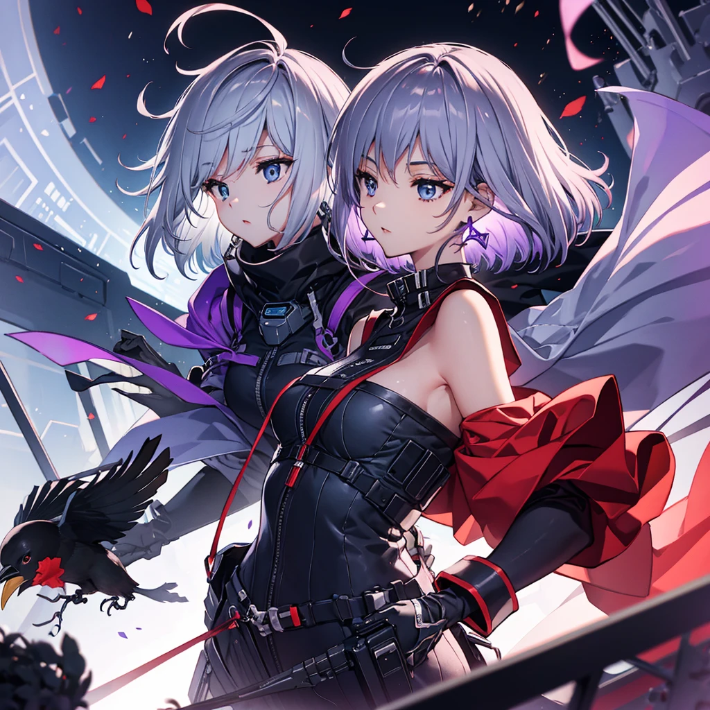 ((Gray Hair　Short Hair　blue eyes　sniper rifle)，((Crow　night　Red full moon))，(rooftop　Drop shoulder　Sailor suit　cyber punk　Shiny Earrings　Purple light)，　Sweat　A tense look　Also々funny Face　Headphones