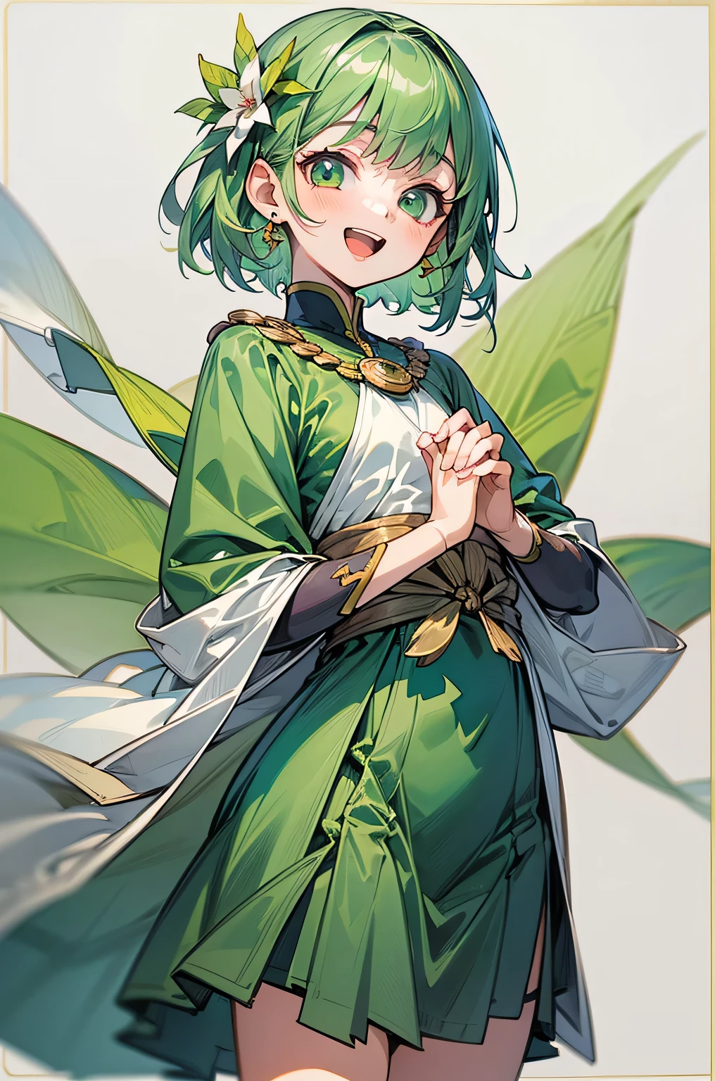 1girl, solo, looking at viewer, cowboy shot, standing, loli, smile, short hair, open mouth, bangs, hair ornament, (white background), jewelry, green eyes, flat chest, flower, earrings, (lime green hair), sideburns, particles, hair flower, druid, knee length skirt, (Kurta), white cape, Cornus florida, (masterpiece), (best quality), (ultra-detailed), (illustration:1.2), (watercolor_painting:1.0), (highly detailed background:1.2), (thick outline), (perfect hands:1.4, two legs), composite lighting, professional shading, high quality textures, perfectly structured, natural proportions, extremely detailed beautiful anime face, 