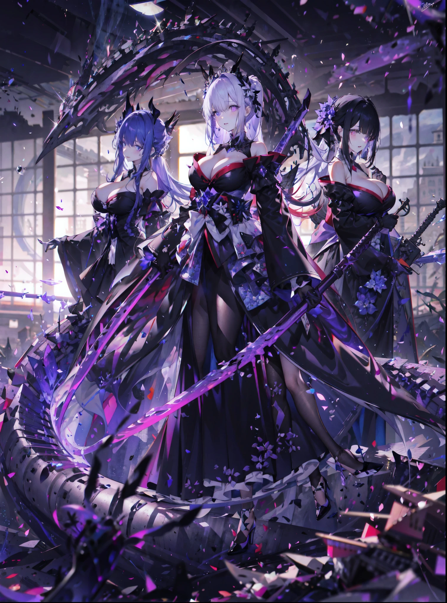 ((masterpiece:1.4,best quality)),(Super detailed),(Extremely detailed eyes),(Shiny socks:1.5),Hello Darkness
(Cute girls),,(Blood-red pupils,Diamond-shaped pupil:1.15),Purple Eyeshadow,(elongated hair,Thick hair,Single ponytail,shiny hair:1.5)(Changes through:1.2),despair,sad,Empty eyes,tears streaming down my face,tilting its head to the side,
(She wore a blue dress,:1.5),(Black gloves:1.4)Very long plush sleeves,White,White Cloud,Dream bubbles ,Ice and glitter effects
(Black long skirt:1.1),
((Starry Sky:1.2)),
(Intense black and white:1.16),(Depth of Field:1.4),,Intricate details,(((Detailed background,Castle in the Sky,Purple flowers by the lake))),(((Huge breasts,Bare breasts,Deep cleavage,White stiletto high heels,Transparent clothes)))