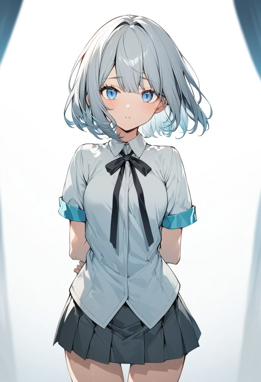 A uniformed anime girl lies on her back in bed looking at the camera with blue eyes, No underwear, On the bed, In a dress, Cute anime visuals, Girl with short white hair, nyaruko-san, Anime Moe Art Style, Surreal school girl, Official Art, JK Uniform, tsuaii, fubuki, senko-san, Official character art, Female Anime Characters, Gray-haired