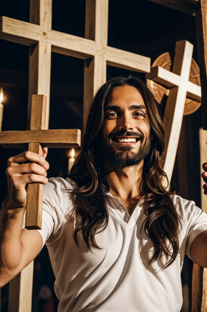 Jesus Christ taking a selfie while on the cross smiling but bloody
