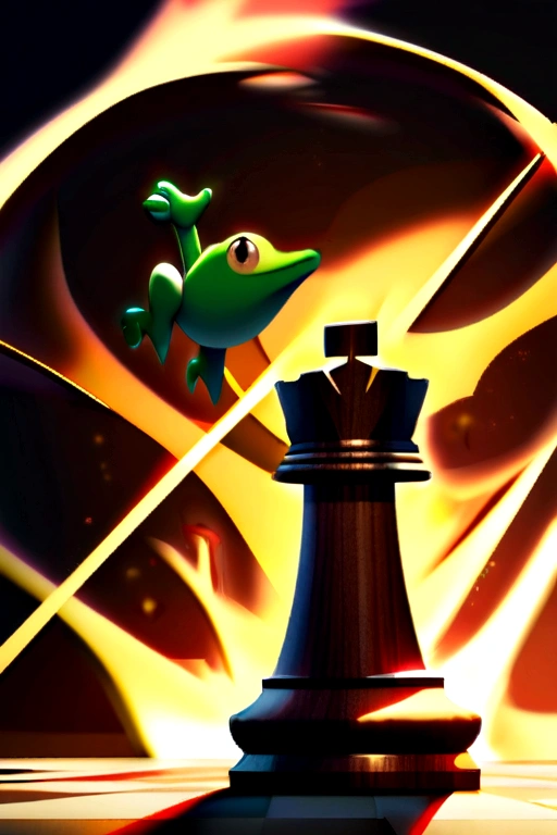 Make a photo where traditional chess pieces are being exploded with fire ignited, make the chess pieces and the board made with wood, also add a frog looking at this scene in a surprised way