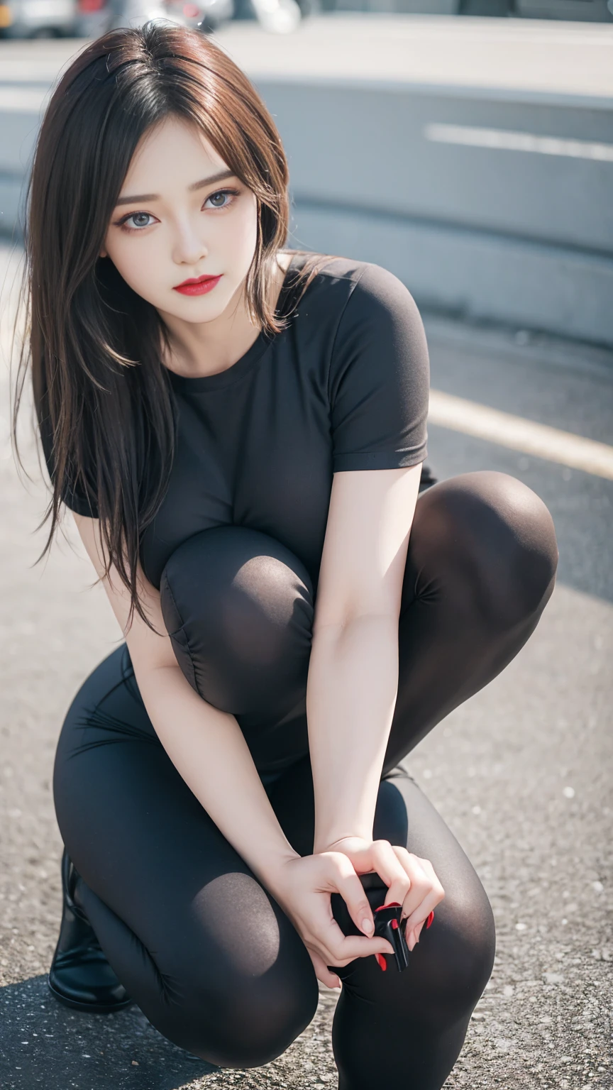 ((beautiful lady)), ((1 lady, wearing Yellow T-shirt)), ((Dark grey tight leggings)), ((Casual Uniform)), ((Squatting on the road)), (zoom camera in the crotch, angle from below), looking to the side, very smile, blushing, ((background york cityscape)), distressed, reluctant, glare, (sexual arousal:1.5, ) , NSFW, 8k, RAW photo, masterpiece, absurdity, top quality, high resolution: 1.1, ultra-detail, hyper-realistic: 1.4, realistic, photorealistic: 1.3, cinema light, film grain, closeup, full body, depth of field, eye focus, young, 85mm lens, f/1.4, Professional lighting, portrait, photon mapping, radiocity, physically based rendering, transparency, soft light, realistic face, realistic body, realistic skin, clean: 1.8, Dark red hair, hairstyle to match the trend of Japan in 2023, Huge-breasted not closed: 1.2, blusher, good style, (very dark lip gloss, bright red lipstick, so many eyelashes, blue eyes, pitch black eyeshadow Huge-breast), company, camel toe, long legs, PureErosFace_V1: 0.8, dynamic pose