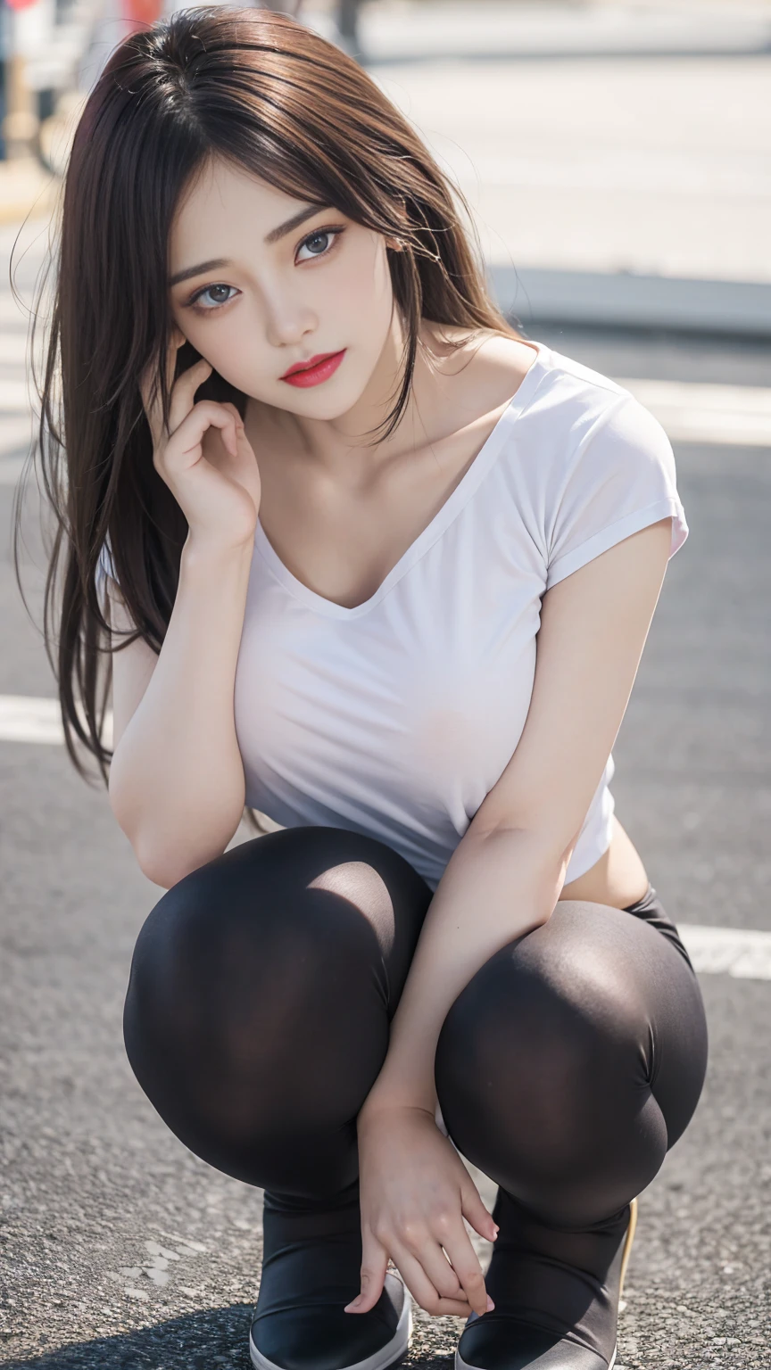 ((beautiful lady)), ((1 lady, wearing Yellow T-shirt)), ((Dark grey tight leggings)), ((Casual Uniform)), ((Squatting on the road)), (zoom camera in the crotch, angle from below), looking to the side, very smile, blushing, ((background york cityscape)), distressed, reluctant, glare, (sexual arousal:1.5, ) , NSFW, 8k, RAW photo, masterpiece, absurdity, top quality, high resolution: 1.1, ultra-detail, hyper-realistic: 1.4, realistic, photorealistic: 1.3, cinema light, film grain, closeup, full body, depth of field, eye focus, young, 85mm lens, f/1.4, Professional lighting, portrait, photon mapping, radiocity, physically based rendering, transparency, soft light, realistic face, realistic body, realistic skin, clean: 1.8, Dark red hair, hairstyle to match the trend of Japan in 2023, Huge-breasted not closed: 1.2, blusher, good style, (very dark lip gloss, bright red lipstick, so many eyelashes, blue eyes, pitch black eyeshadow Huge-breast), company, camel toe, long legs, PureErosFace_V1: 0.8, dynamic pose