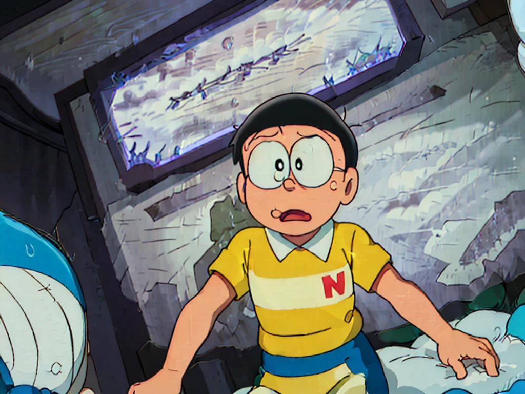 Imagine Nobita lying on the floor in his room, looking exhausted and sweating profusely. His face is filled with exhaustion as he struggles to catch his breath. The room is quiet except for the sound of his heavy breathing. Nobita's eyes are closed, and his body is limp, as if he has given up all hope. The sweat glistens on his forehead, reflecting the dim light filtering through the window. It's evident that Nobita has been through a lot and is in desperate need of rest.
