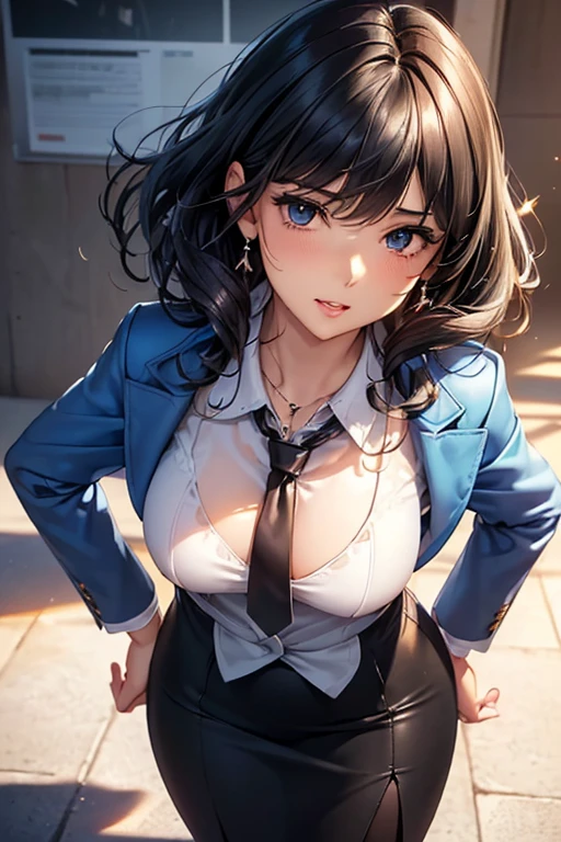 #Basics A girl is posing for a photo, animeのかわいい女の子, (((One Girl, Baby Face, Young girl, 16 years old))),
BREAK
#Clothing Accessories
((Matte blue suit jacket) + (White blouse) + (Slim pencil skirt with side slits, Matte blue long skirt) + (Red tie)), (Sheer black pantyhose + Black High Heels),
(Silver Necklace, silver earrings),
BREAK
#Features
((Black Hair:1.4), (Curly hair), (Short Hair : Curly Hair + Curly hair + Full and voluminous hair)),
(Droopy eyes,blue eyes), (Small breasts),
BREAK
#background environment
((noon, Sunshine + Office in a modern building)),
#Facial Expression Pose
(smug face, Confident and powerful pose with hands on hips, A commanding presence),
#composition
((Face the camera, Cowboy Shot:1.4)),
BREAK
#Body parts elements
(Symmetrical facial features, Beautiful face with attention to detail),
(Detailed hair, Beautiful Hair, Shiny Hair),
(double eyelid, Long eyelashes),
(Expression of fine eyes, Beautiful and delicate eyes, Sparkling eyes, Eye Reflexes),
(Human Ear),
(Beautiful Nose, Thin Nose),
(Glossy lips, Beautiful Lips, Thick lips),
(Detailed skin, Textured skin, Beautiful Skin),
BREAK
#Quality
(((Highest quality)), ((masterpiece)), ((Very detailed))), ((High resolution), (16K,1080P)),
(Realistic), (Anatomically correct),
((comics, anime)), (3DCG), CG illustration,