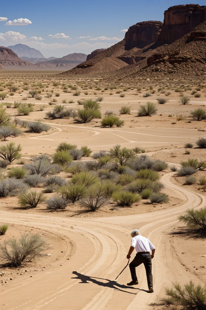 Make a Mexican desert landscape with a white-haired old man escaping from Mexican guards