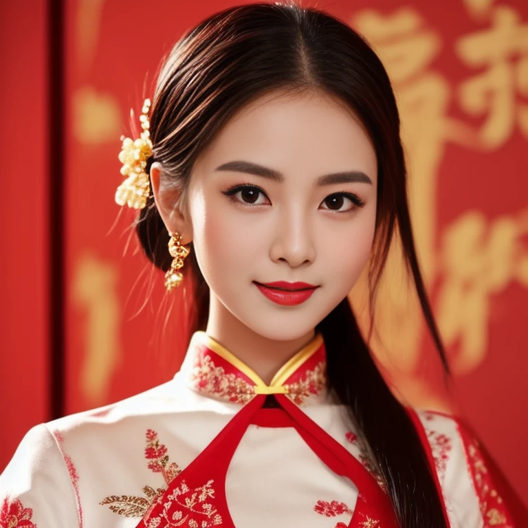 Asian woman Arav in red dress poses for photo, wearing a red Cheongsam, Cheongsam, Chinese dress, Chinese style, traditional chinese, Chinese woman, with ancient Chinese clothing, expensive silk, traditional chinese clothing, Chinese girl, Chinese dress, Gorgeous Chinese model, beautiful oriental woman, Chinese princess, สวมชุดCheongsamสีน้ำเงิน, Wearing a bright red dress 8k, 3-D, 45,000,000,000 pixels, Too realistic,