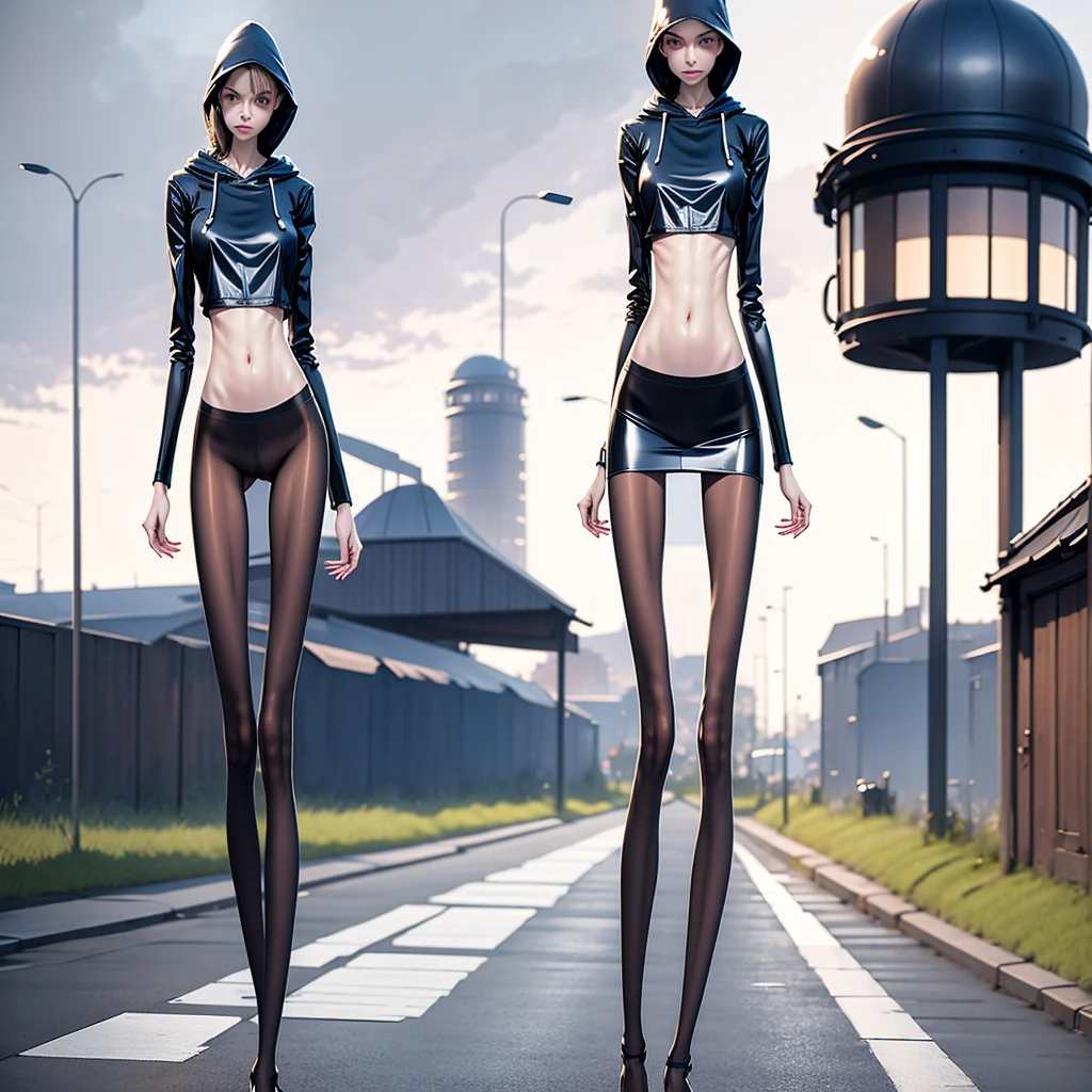 high, very thin, skinny narrow girl., in tights all over the body and with a hood. naked , oily, highly shiny body on a very dark night, little lighting at dusk, dark fantasy,in heels