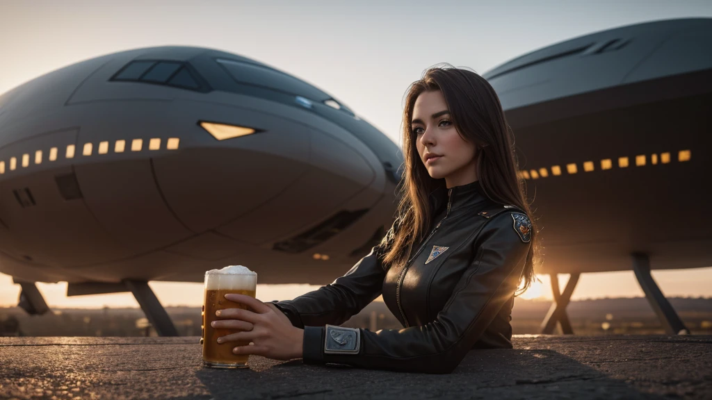 a beautiful 25 yo German Texas girl holding a  glass of beer with busy "Bentonville" spaceship in the background, Black Leopard emblem, HDR, Nikon Z 14mm ultra-wide angle lens, 8k resolution, ultra-realistic Fujifilm XT3 80mm, bokeh, mass effect, unforgettable, impressive, cinematic lighting, soft lighting, high quality, natural textures 8k masterpiece, 8k, full Body, Realistic, (8k, RAW photo, best quality, masterpiece:1.2), (realistic, photo-realistic:1.35), best quality, natural lighting, depth of field, sharp
