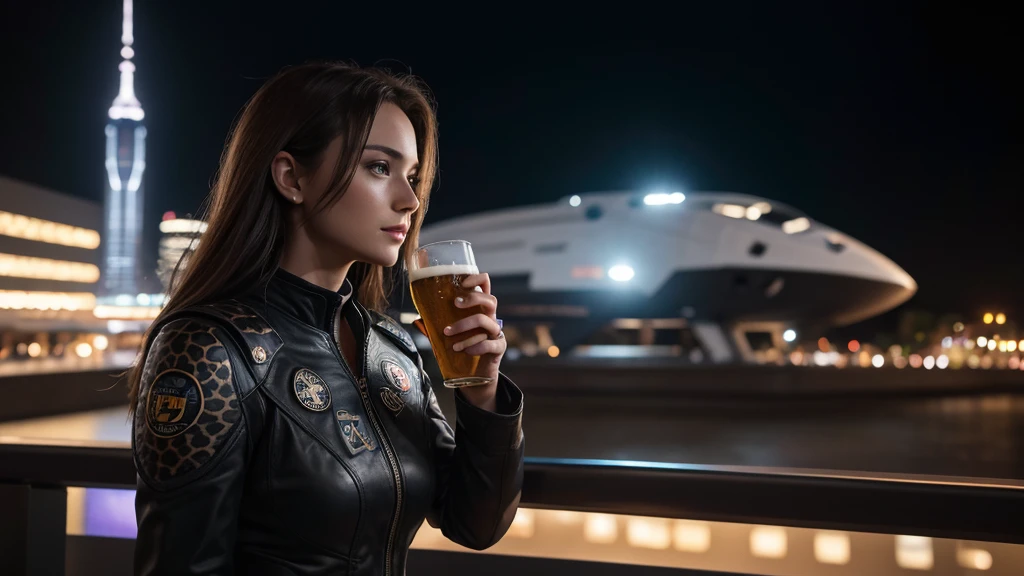 a beautiful 25 yo German Texas girl holding a  glass of beer with busy "Bentonville" spaceship in the background, Black Leopard emblem, HDR, Nikon Z 14mm ultra-wide angle lens, 8k resolution, ultra-realistic Fujifilm XT3 80mm, bokeh, mass effect, unforgettable, impressive, cinematic lighting, soft lighting, high quality, natural textures 8k masterpiece, 8k, full Body, Realistic, (8k, RAW photo, best quality, masterpiece:1.2), (realistic, photo-realistic:1.35), best quality, natural lighting, depth of field, sharp

