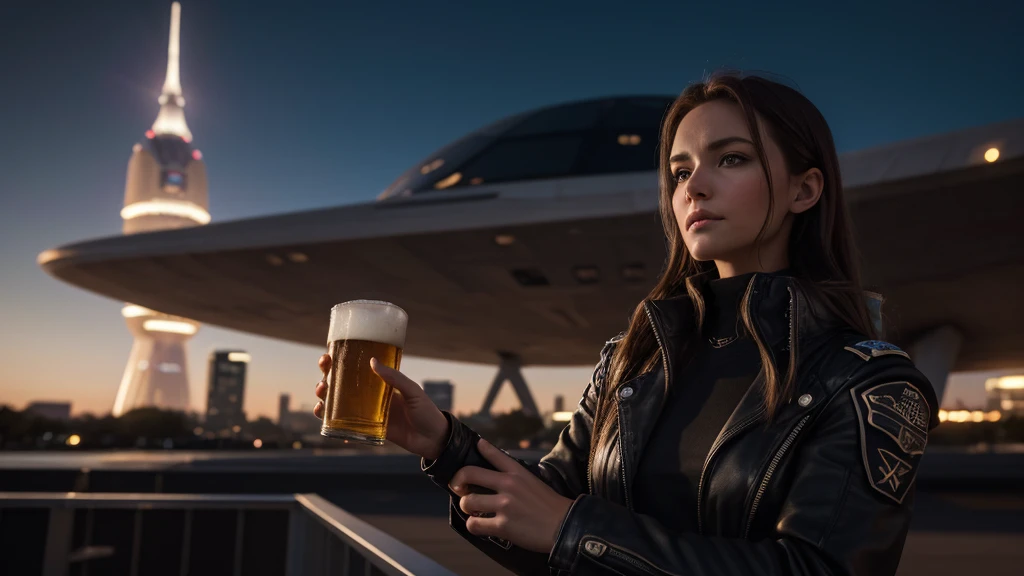 a beautiful 25 yo German Texas girl holding a glass of beer with busy "Bentonville" spaceship in the background, Black Leopard emblem, HDR, Nikon Z 14mm ultra-wide angle lens, 8k resolution, ultra-realistic Fujifilm XT3 80mm, bokeh, mass effect, unforgettable, impressive, cinematic lighting, soft lighting, high quality, natural textures 8k masterpiece, 8k, full Body, Realistic, (8k, RAW photo, best quality, masterpiece:1.2), (realistic, photo-realistic:1.35), best quality, natural lighting, depth of field, sharp