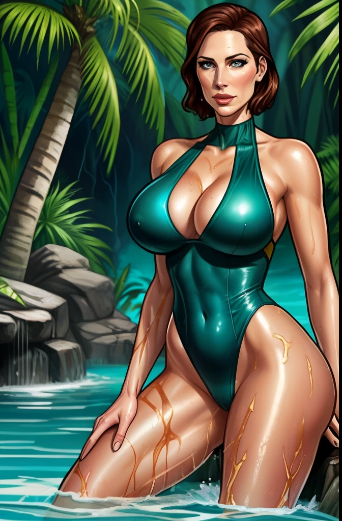 Cate Archer, wet and wild, jungle pool, swimsuit, leotard