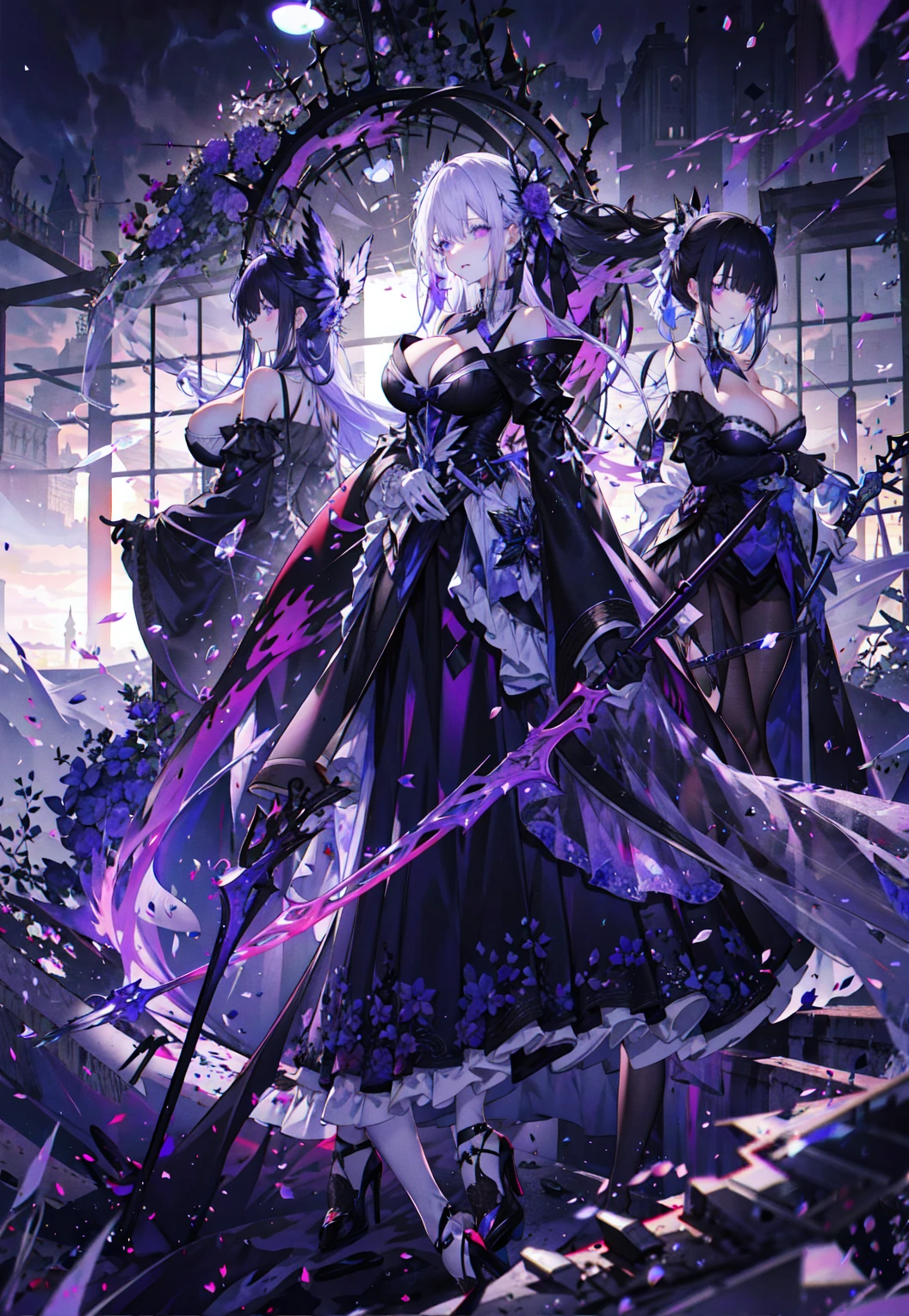 ((masterpiece:1.4,best quality)),(Super detailed),(Extremely detailed eyes),(Shiny socks:1.5),Hello Darkness
(Cute girls),,(Blood-red pupils,Diamond-shaped pupil:1.15),Purple Eyeshadow,(elongated hair,Thick hair,Single ponytail,shiny hair:1.5)(Changes through:1.2),despair,sad,Empty eyes,tears streaming down my face,tilting its head to the side,
(She wore a blue dress,:1.5),(Black gloves:1.4)Very long plush sleeves,White,White Cloud,Dream bubbles ,Ice and glitter effects
(Black long skirt:1.1),
((Starry Sky:1.2)),
(Intense black and white:1.16),(Depth of Field:1.4),,Intricate details,(((Detailed background,Castle in the Sky,Purple flowers by the lake))),(((Huge breasts,Bare breasts,Deep cleavage,White stiletto high heels,Transparent clothes)))