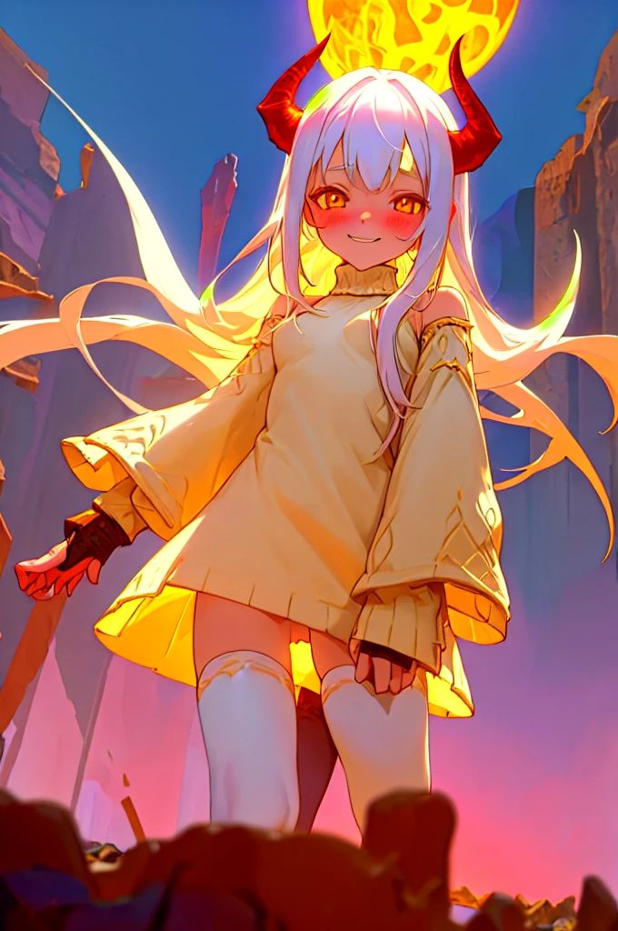 1 demon girl, 10 year old loli, solo, cute smile, long white hair, pale skin, small breasts, dark sweater, white thighhighs, red rough texture horns, yellow eyes, fantasy, dramatic lighting, hell scenery, blushing, best quality, masterpiece,