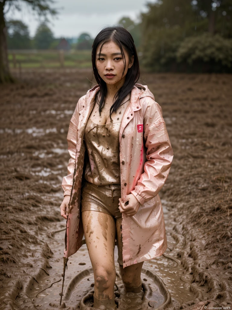 a beautiful young asian woman wearing a pink buttoned raincoat, buttoned up, wearing hood a frame raincoat, her clothes and raincoat covered in mud, walking through a muddy field, (best quality,4k,8k,highres,masterpiece:1.2),ultra-detailed,(realistic,photorealistic,photo-realistic:1.37),HDR,UHD,studio lighting,ultra-fine painting,sharp focus,physically-based rendering,extreme detail description,professional,vivid colors,bokeh,portrait,realistic,photographic,natural lighting,muddy environment,rainy day