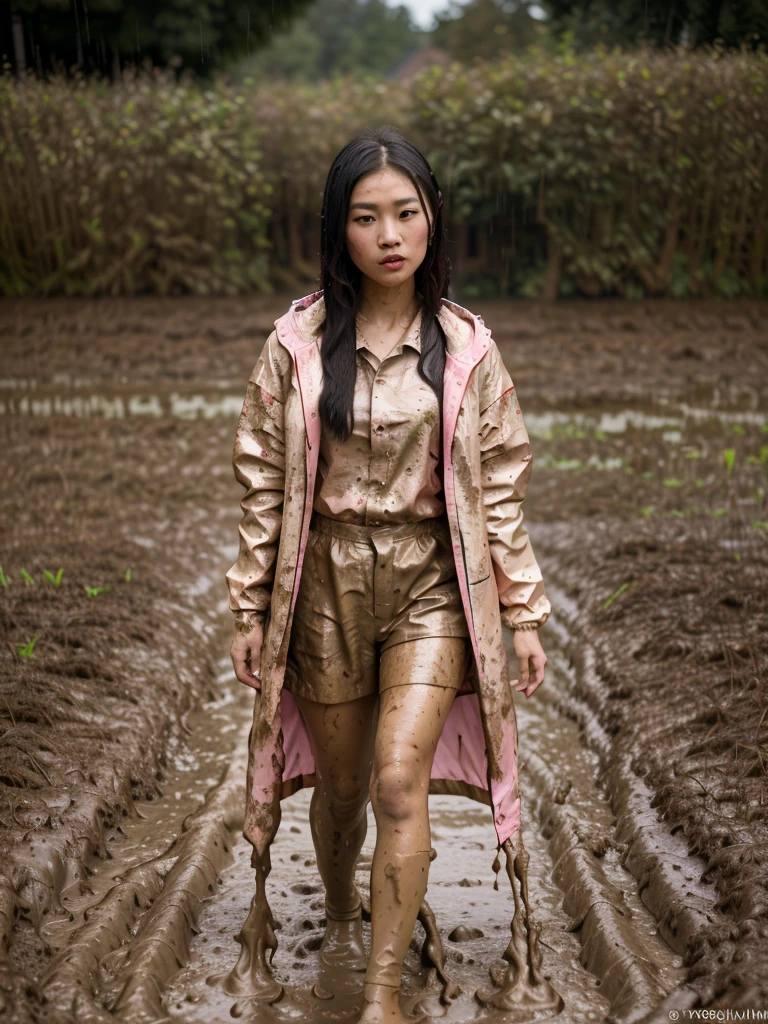 asian lady, cute pose, ((pink buttoned up raincoat)), ((wearing raincoat hood)), tall pink rain boots, ((((muddy splatters)))), ((mud dripping down raincoat)), intricate details, highly detailed, masterpiece, 8k, photorealistic, cinematic lighting, vibrant colors, soft focus, elegant, feminine, beautiful, serene, graceful
