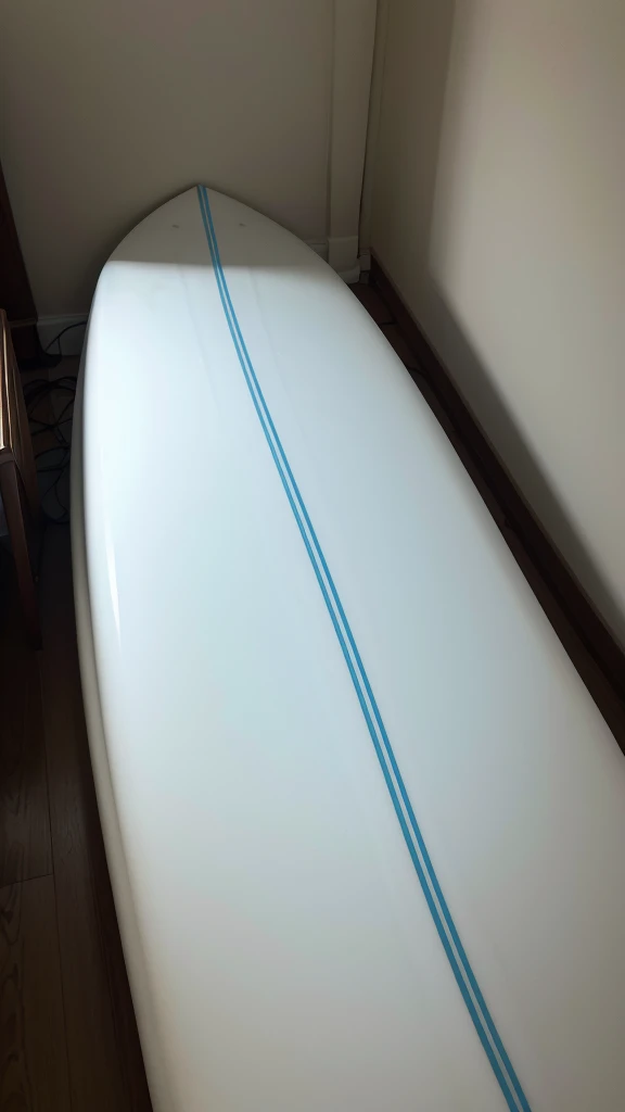 White 30L surfboard on a bed in a dark environment photo as if taken by cell phone camera