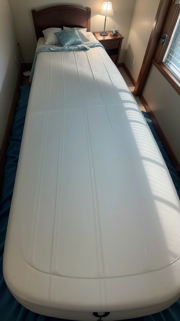 White 30L surfboard on a bed in a dark environment photo as if taken by cell phone camera