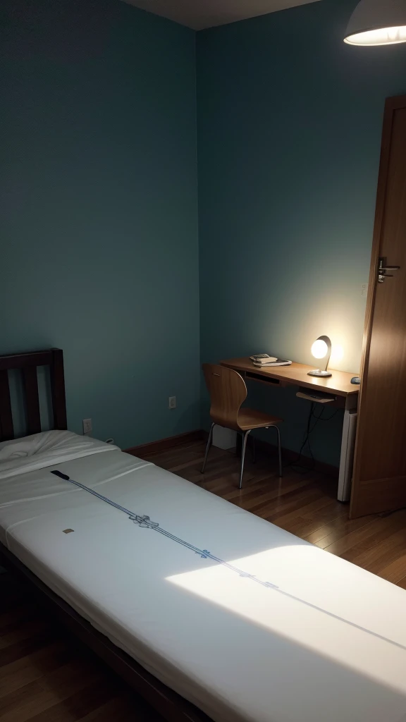 White 30L surfboard on a bed in a dark environment photo as if taken by cell phone camera