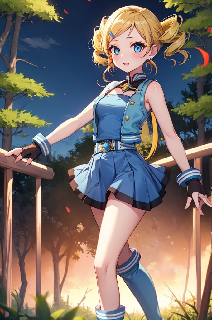 ppgzbb, blue eyes, Blonde, Twin Drill, Hair Clip, Earrings, Best, Blue leotard，Blue Skirt, Short skirt, boots, Are standing, forest 