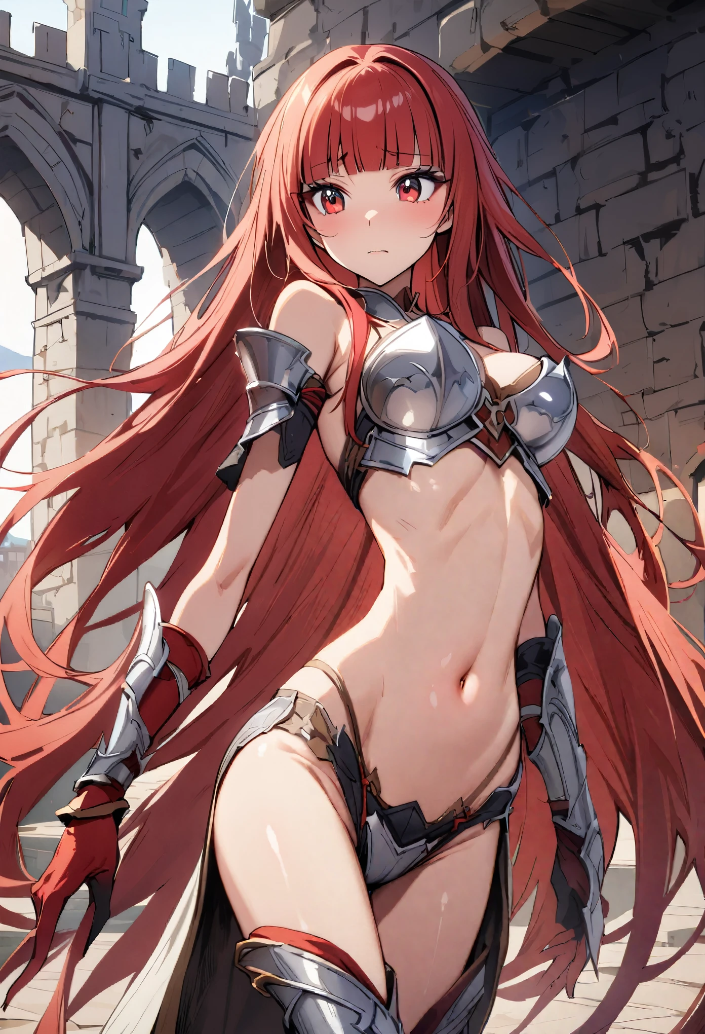 (masterpiece、Highest quality:1.3,absurderes),1woman,25 year old beauty,独奏、Woman warrior,((very small head)),red hair,long hair,blunt bangs,red eyes,gorgeous eyes,shy,medium breasts,((very long body)),((toned body,slender body,)),skinny,gleaming skin,shiny skin,Silver Armor、navel、Red pleated ilver Gauntlet、Fantasy World、Medieval castle、