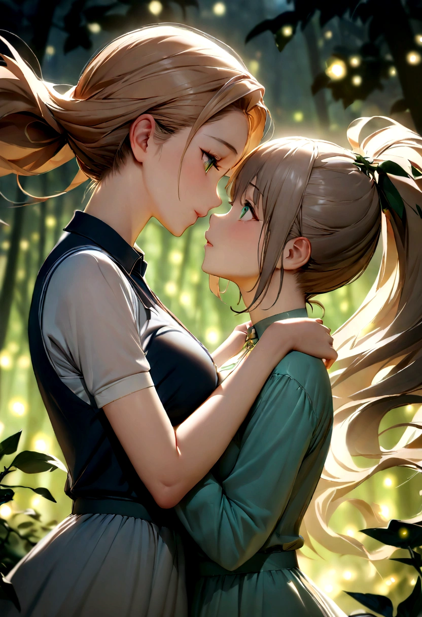 (Masterpiece, Best Quality), 2 girls, yuri, forest, evening, fireflies, Fancy, dress and polo, hug, Upper part of the body, on one side, group profile, eye contact, Moonlight, wind, by the floating, Leaves falling, sporty girl,Initial position,Asian Games,stain,distant view,super-fine,ultra-detailed,high quality,8k ,oc render and 1 girl, high, goegeous, long ponytail hair, light brown hair, green eyes, beautiful