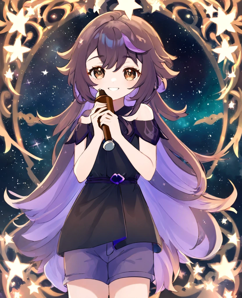 Make a Genshin Impact oc. Give her long brown, to purple ombre hair. Her vision/element is anemo. She has a star themed, teal, and black outfit. With shorts. Brown slender-ish eyes. She is very kind, and soft-hearted. She likes space and singing. Mature body. Slight head tilt, and smile. In Genshin style