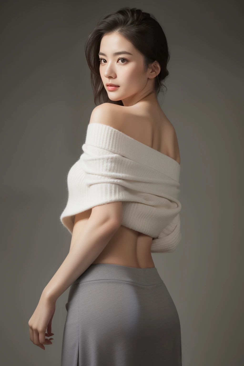 asian lady, She is wearing a soft white sweater relaxed neckline that casually ((drapes off one shoulder)), exposing slender shoulders with black bra trap, highlighted by the rays of light creating a radiant effect on her skin. , mid-shot , light rays, warm atmosphere , light through hair, ((mid-shot, full body, slender waist)), Hair Up Do、 Glowing eyes, nose blush, Carl Larsson, Alfonse Mucha, Chiaroscuro, Film Glenn, reflective light, (((long-Shot))), knee to top,longshot show (((full body))), masterpiece, high details, ((gray background, studio light ))