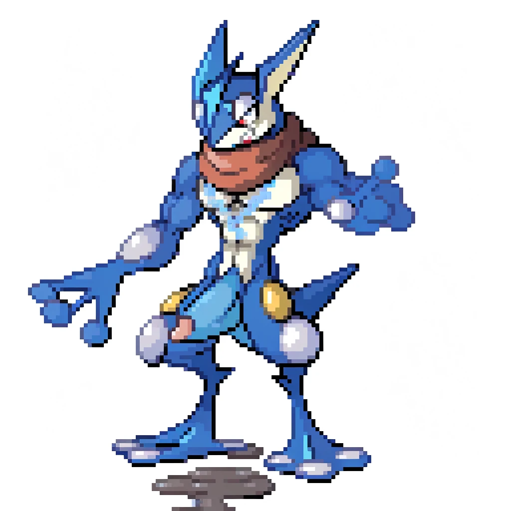 anthro, Greninja, male, muscular, muscular anthro, muscular male, tail, solo, cum, cum shot, cum pool, cum on body, cum on chest, blank background, closed mouth, grin, 2D, mercenary, suggestive, charismatic, fighting pose, hyper penis, hyper balls, 16_bit, pixelated, penis, balls,