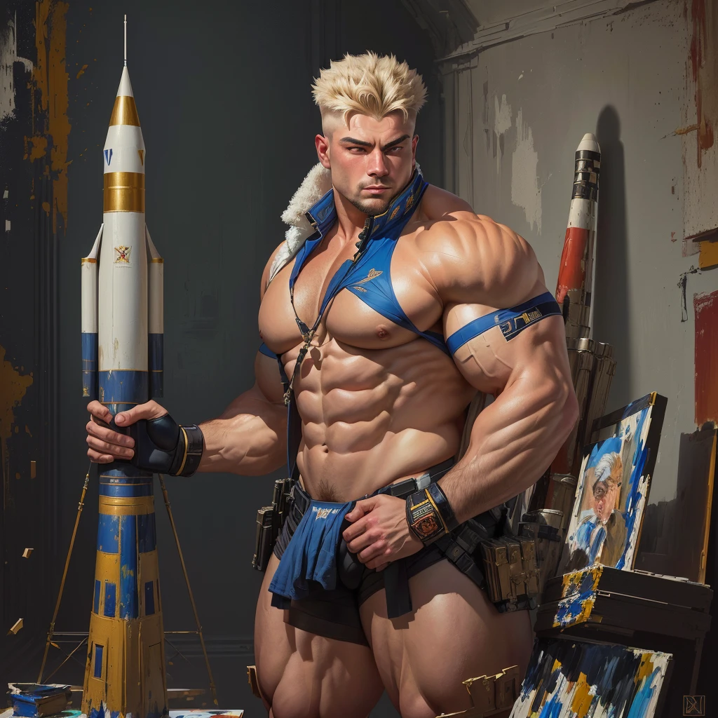 painting of a man with a huge muscular body holding a rocket, in style of kyrill kotashev, by maxim verehin, by Bencho Obreshkov, inspired by maxim verehin, concept art like ernest khalimov, by Vladimir Novak, by Ilya Ostroukhov, by Igor Grabar, by Mikhail Evstafiev