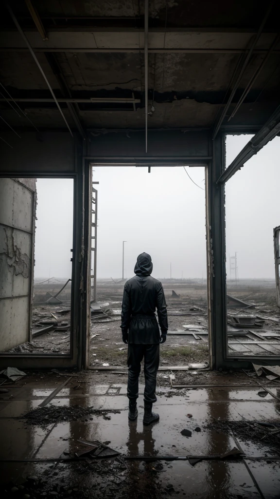 back view of solitary figure in lightweight black flowing garments, observing a deserted, dilapidated landscape, reminiscent of Chernobyl, rusted and broken objects in the foreground, foggy atmosphere, feeling of isolation, medium angle, soft ambient light