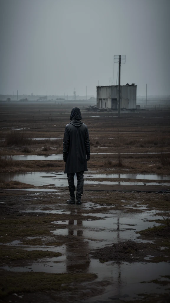 back view of solitary figure in lightweight black flowing garments, observing a deserted, dilapidated landscape, reminiscent of Chernobyl, rusted and broken objects in the foreground, foggy atmosphere, feeling of isolation, medium angle, soft ambient light