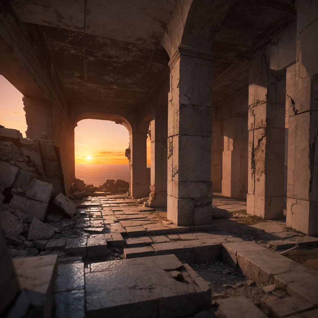 The end of the world, A visually captivating and immersive experience, Depth of written boundary, sunset, Marble ruins, 4K, Art Station, Hungry, Art Book