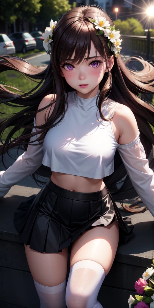 realistic, 1girl, brown hair, purple eyes, glowing eyes, crop top, black skirt, white knee socks, parted lips, blush, night, flowers, sun, sunlight,