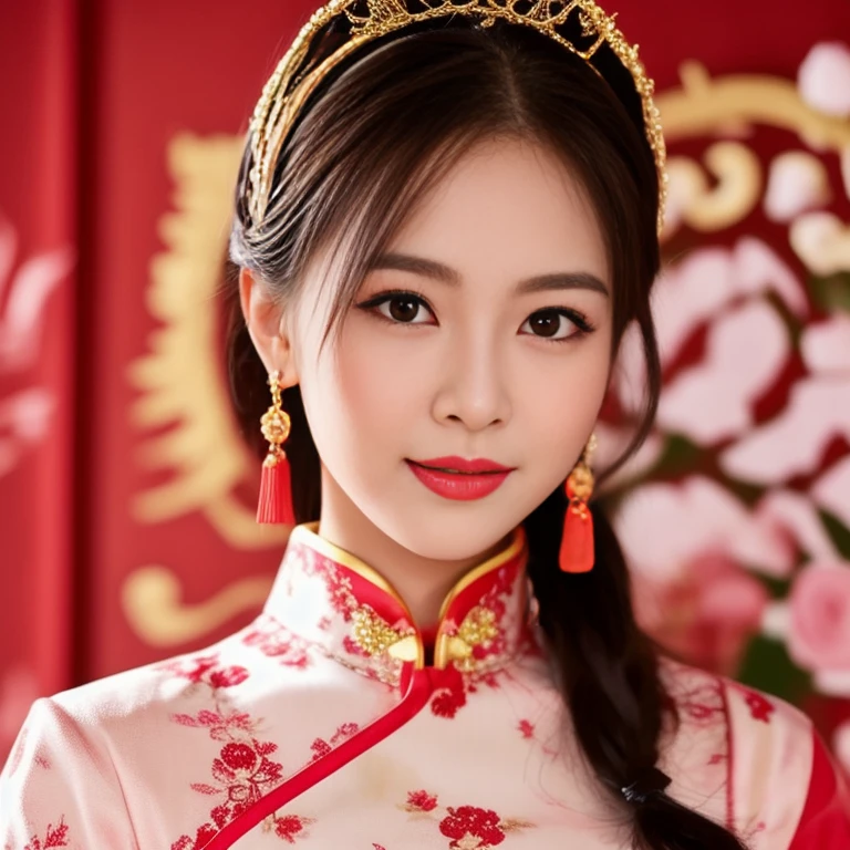 Asian woman Arav in red dress poses for photo, wearing a red Cheongsam, Cheongsam, Chinese dress, Chinese style, traditional chinese, Chinese woman, with ancient Chinese clothing, expensive silk, traditional chinese clothing, Chinese girl, Chinese dress, Gorgeous Chinese model, beautiful oriental woman, Chinese princess, สวมชุดCheongsamสีน้ำเงิน, Wearing a bright red dress 8k, 3-D, 45,000,000,000 pixels, Too realistic,