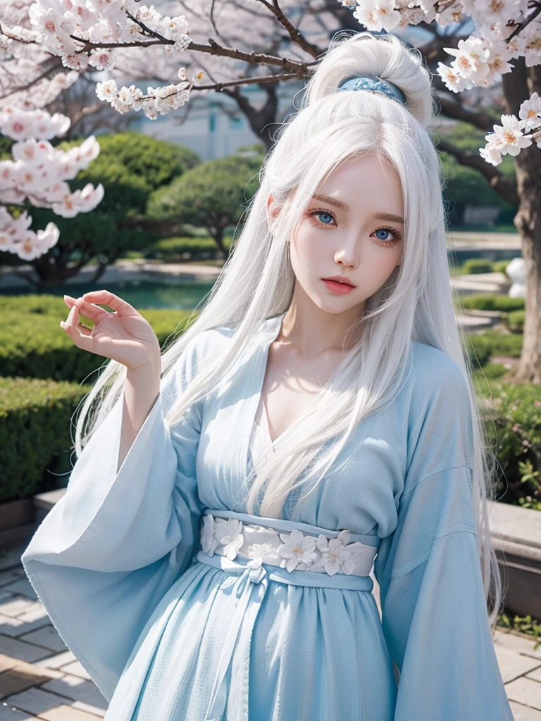Long white hair, blue eyes, serious features, white skin, loose style, in a garden,in the Sakura Korea ,Korean Palace