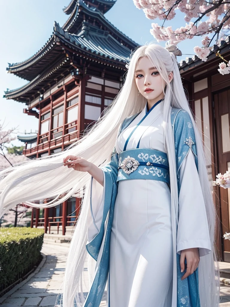Long white hair, blue eyes, serious features, white skin, loose style, in a garden,in the Sakura Korea ,Korean Palace